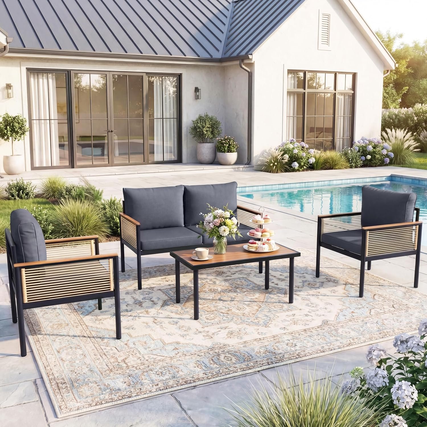 Patio Furniture Set for 4, Metal Outdoor Furniture Set with Table