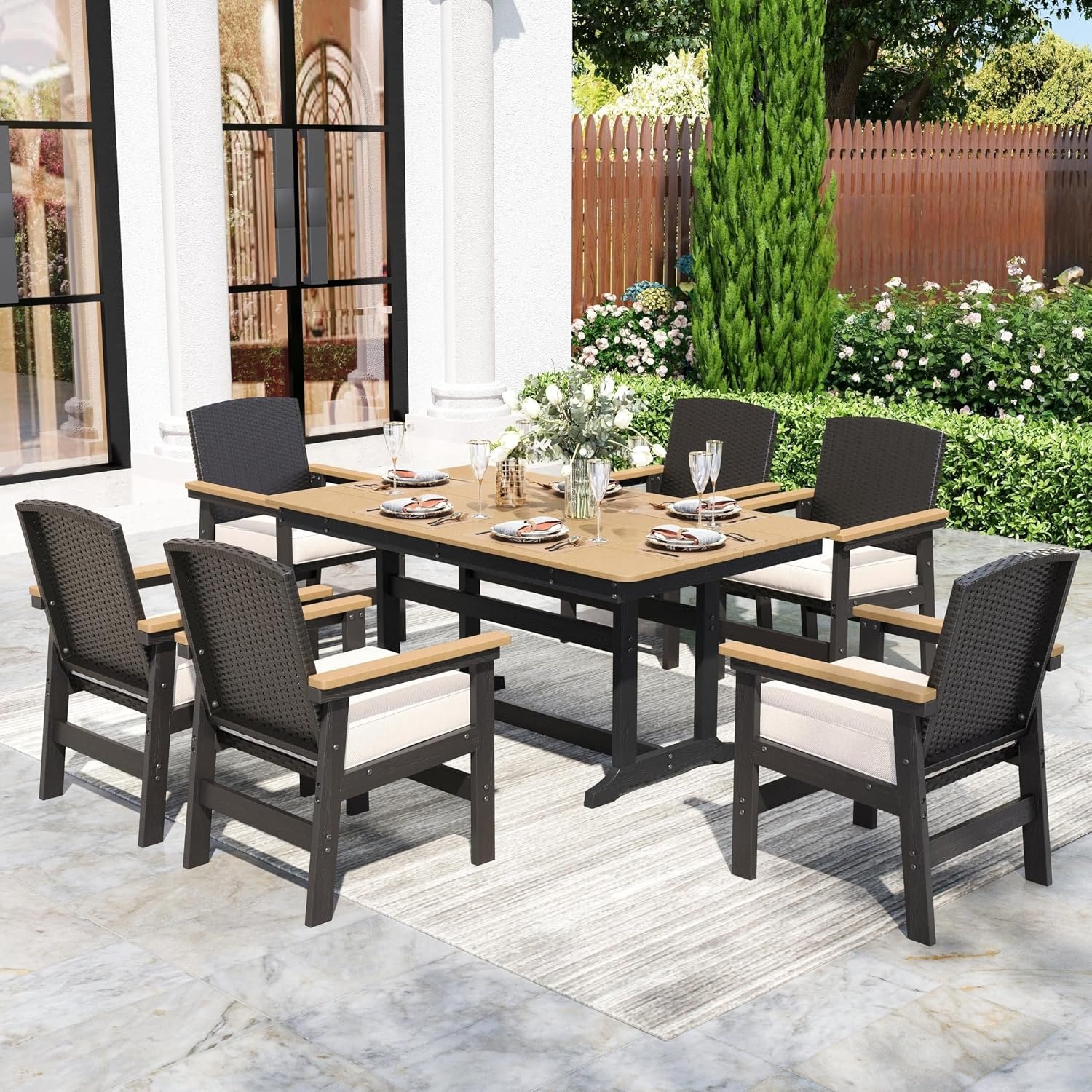 SUNSHINE VALLEY 7pc Patio Dining Set, HDPE 64″ Table & 6 Chairs