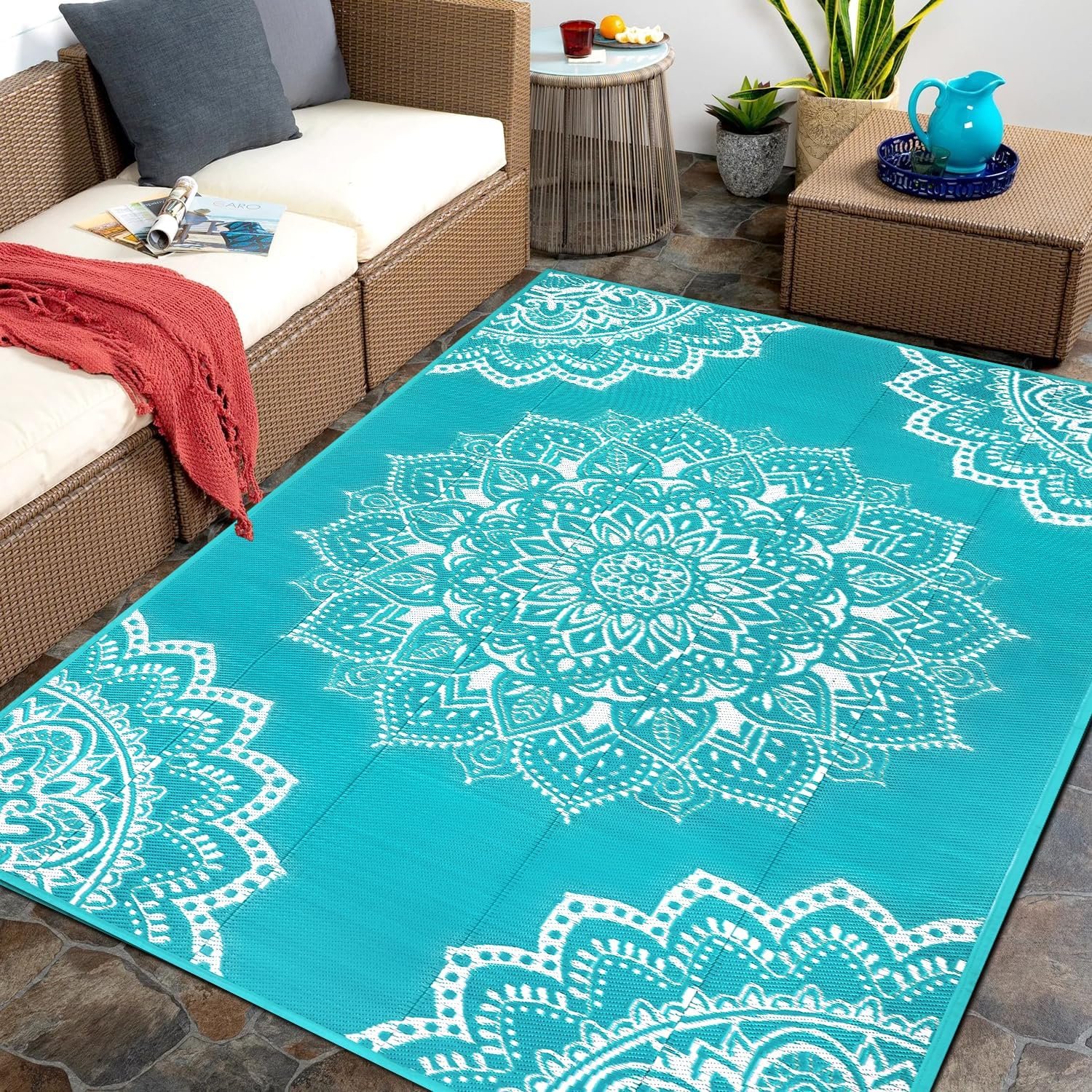 Yamaziot Waterproof Outdoor Rug 5×8 ft, Reversible Plastic Straw Rug for Patio Clearance, Camping, RV Mat, Large Outside Rug Carpet for Porch, Deck, Backyard, Balcony, Picnic (Blue)