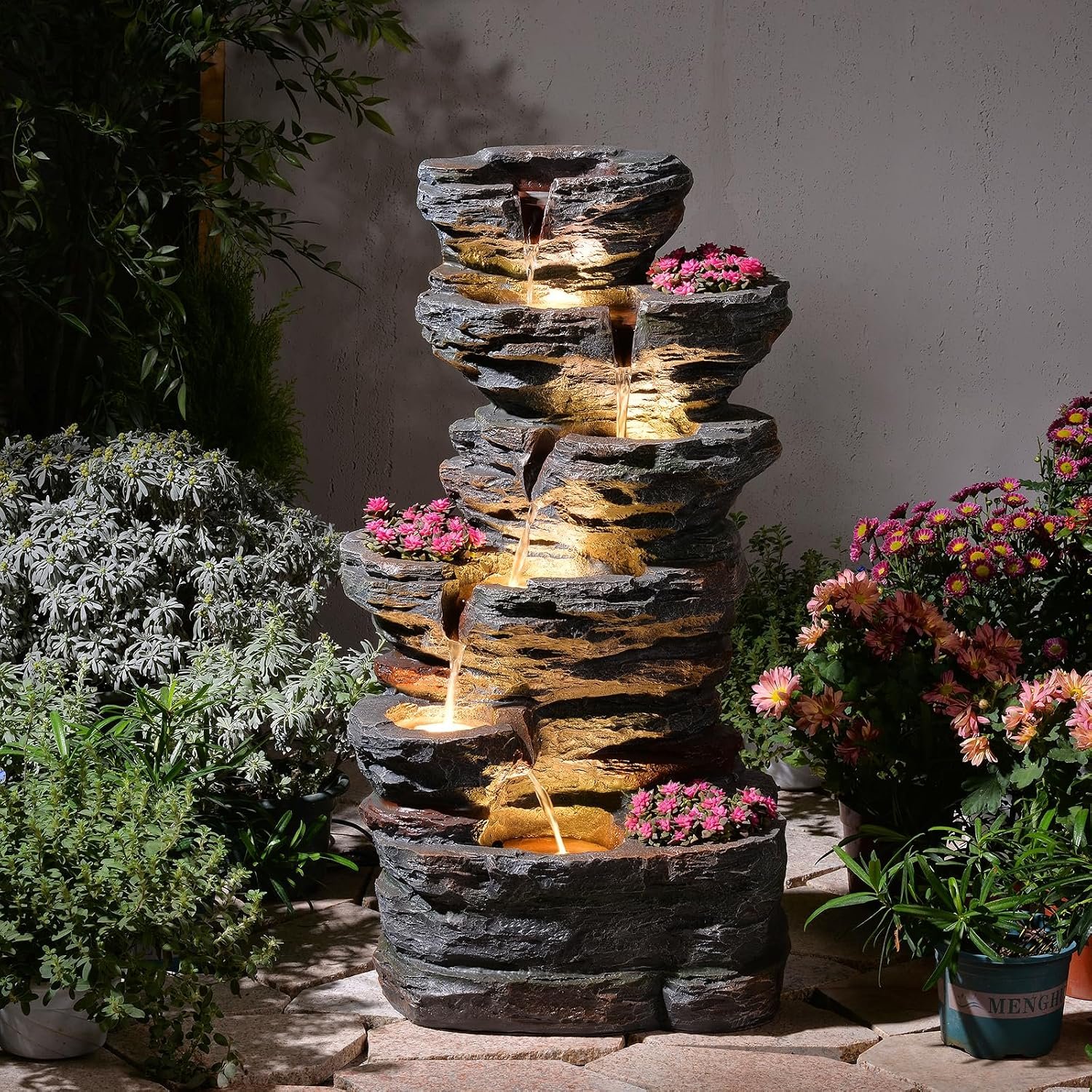 32.7″ Outdoor Fountain with 3 Planter Slots 6Tier Modern Cascading Fountain