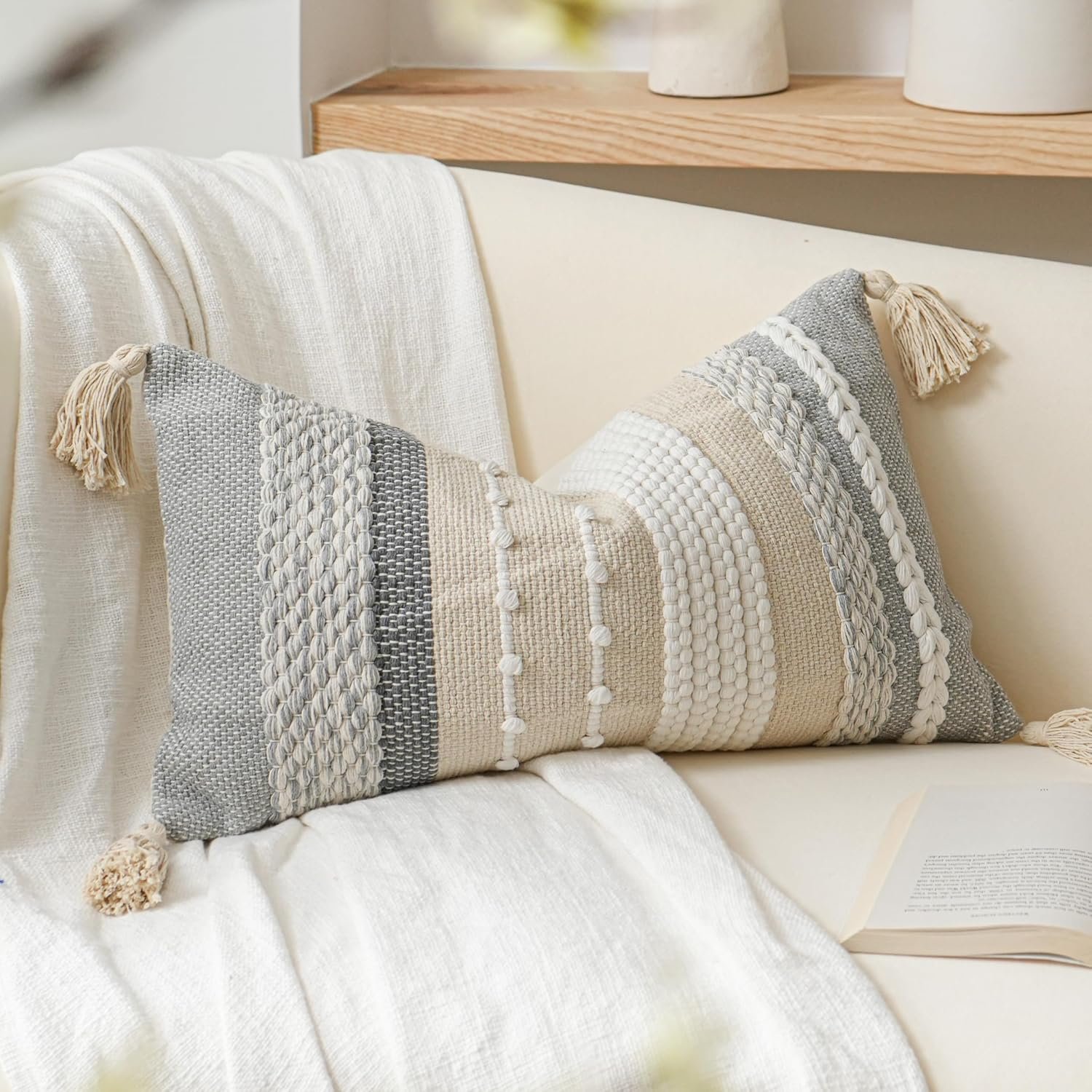 BlissBlush Decorative Lumbar Throw Pillow Cover 14×24 Boho Gray Accent Cushion for Couch Sofa Farmhouse Pillowcase for Bedroom Living Room Home Décor Cover ONLY
