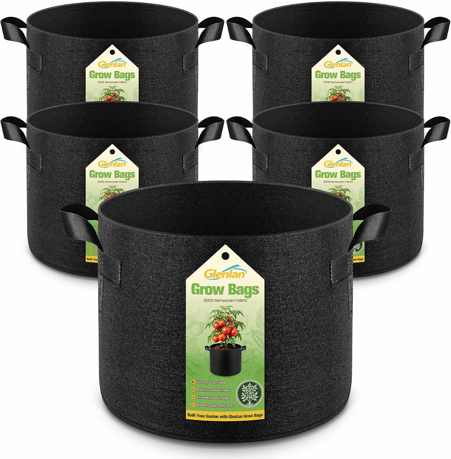 5-Pack 10 Gallon Grow Bags, Thickened Nonwoven Fabric Plant Pots with Handles, Heavy Duty 300G Garden Pots for Vegetables, Flowers and Fruit