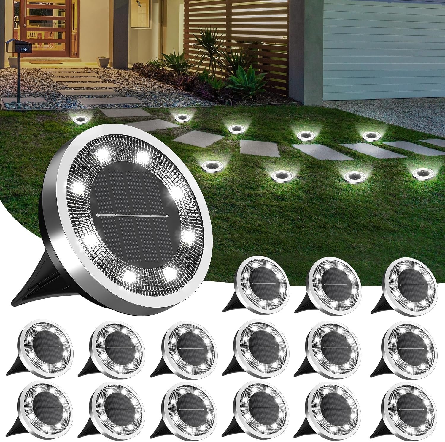 INCX 16Pack Solar Ground Lights Outdoor, 8 LED, IP65 Waterproof, Cold White