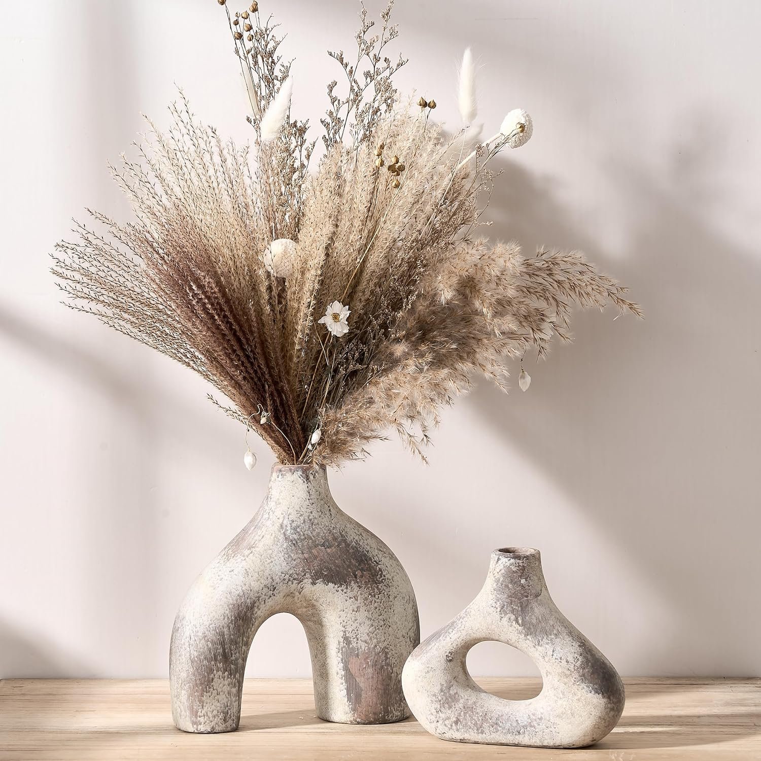 SIDUCAL Ceramic Vase Set of 2 for Minimalist Bohemian Decor | Irregular Hollow Donut Vases for Home Decor, Wedding, Living Room, Shelf, Office, Entryway, Mantel Decoration,Brown