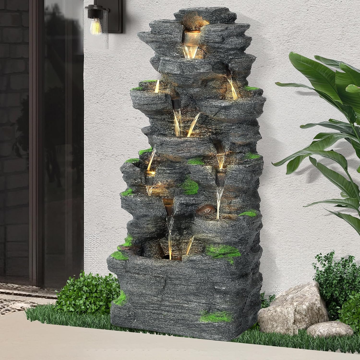 40″ H 10-Tiers Cascading Rock Water Fountain Outdoor with LED Lights