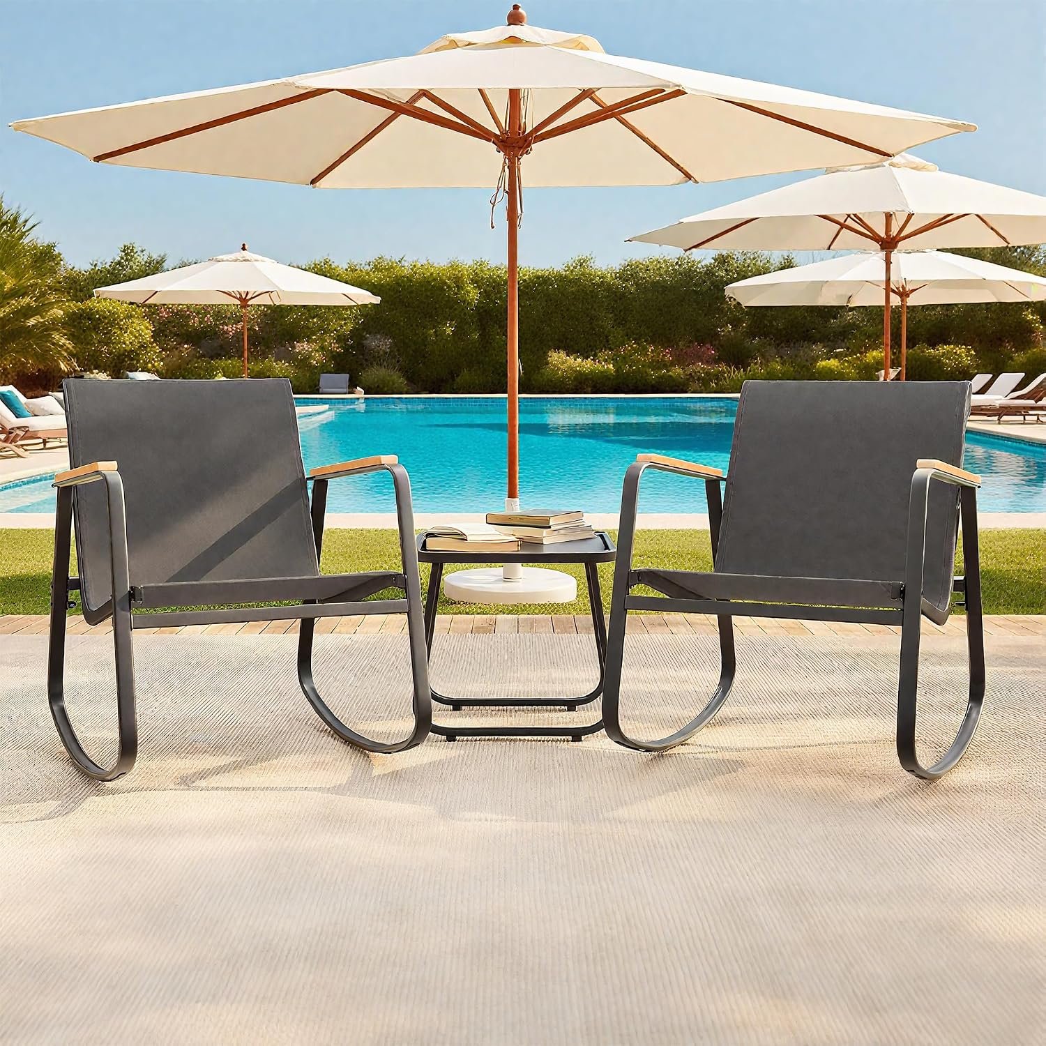 FoMup 3 Piece Outdoor Rocking Chair Set with Side Table, Patio
