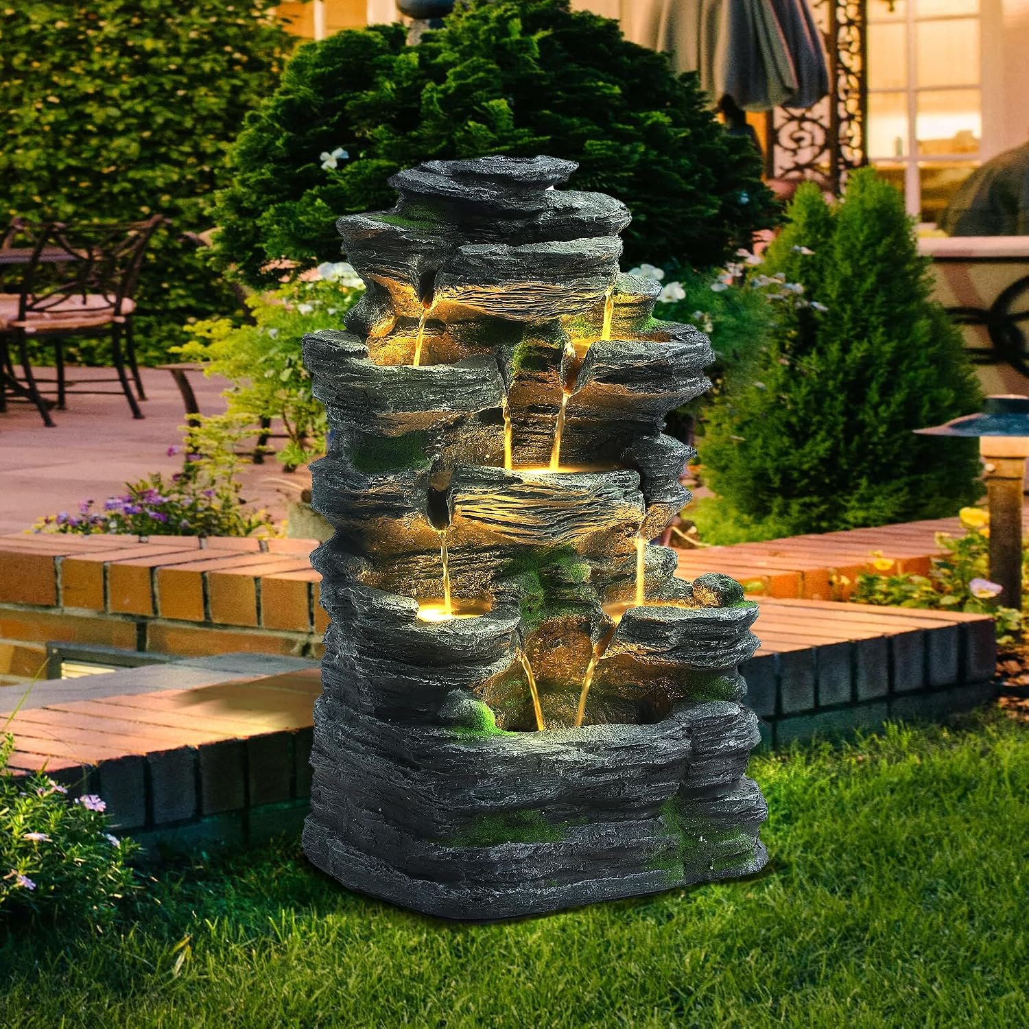 MAGIC UNION 7-Tier Cascading Rock Water Fountain, Natural Stone Look