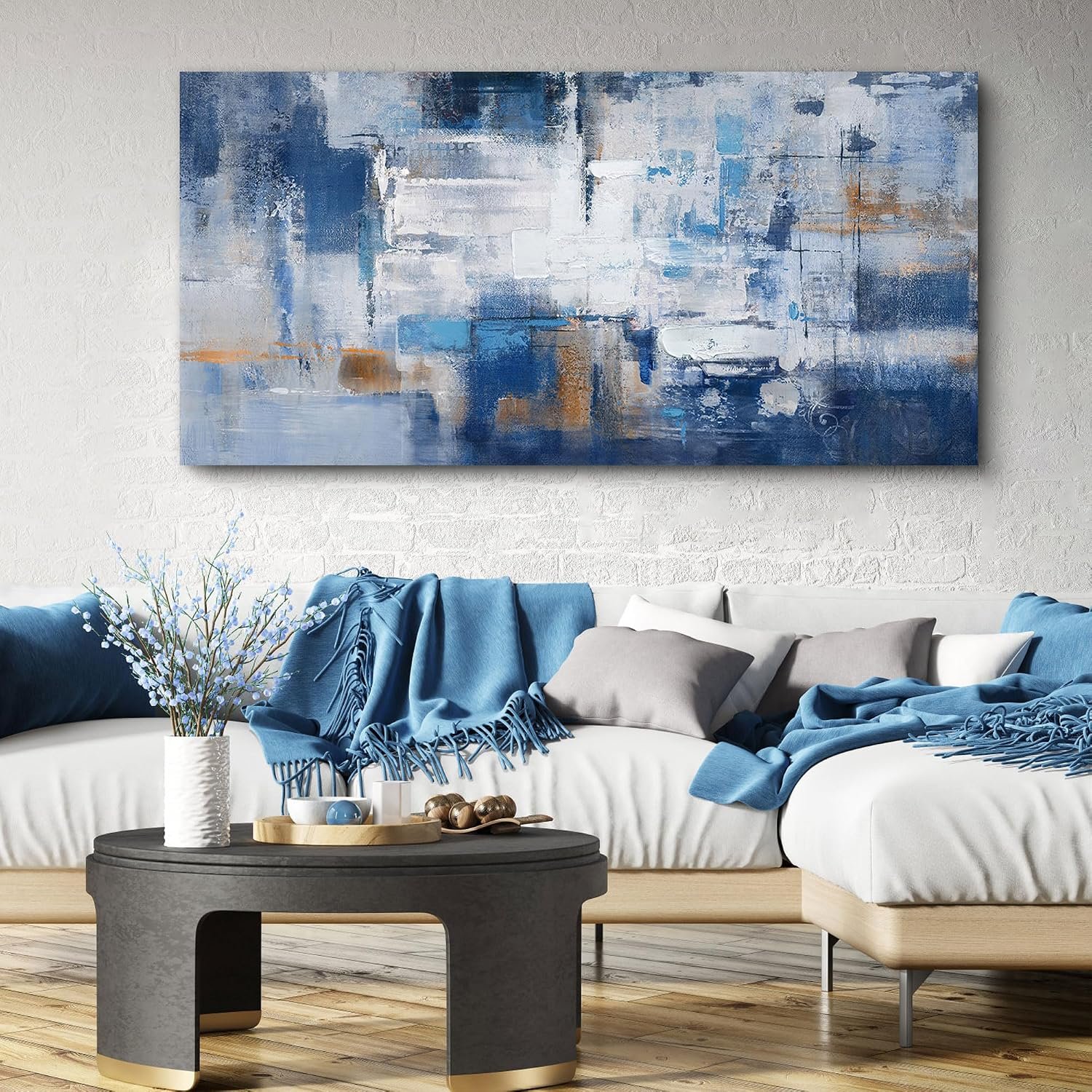 KLAKLA Abstract Canvas Wall Art – Blue and White Picture Artwork for Wall Modern Paintings Wall Decor Living Room Bedroom Office Large Wall Art