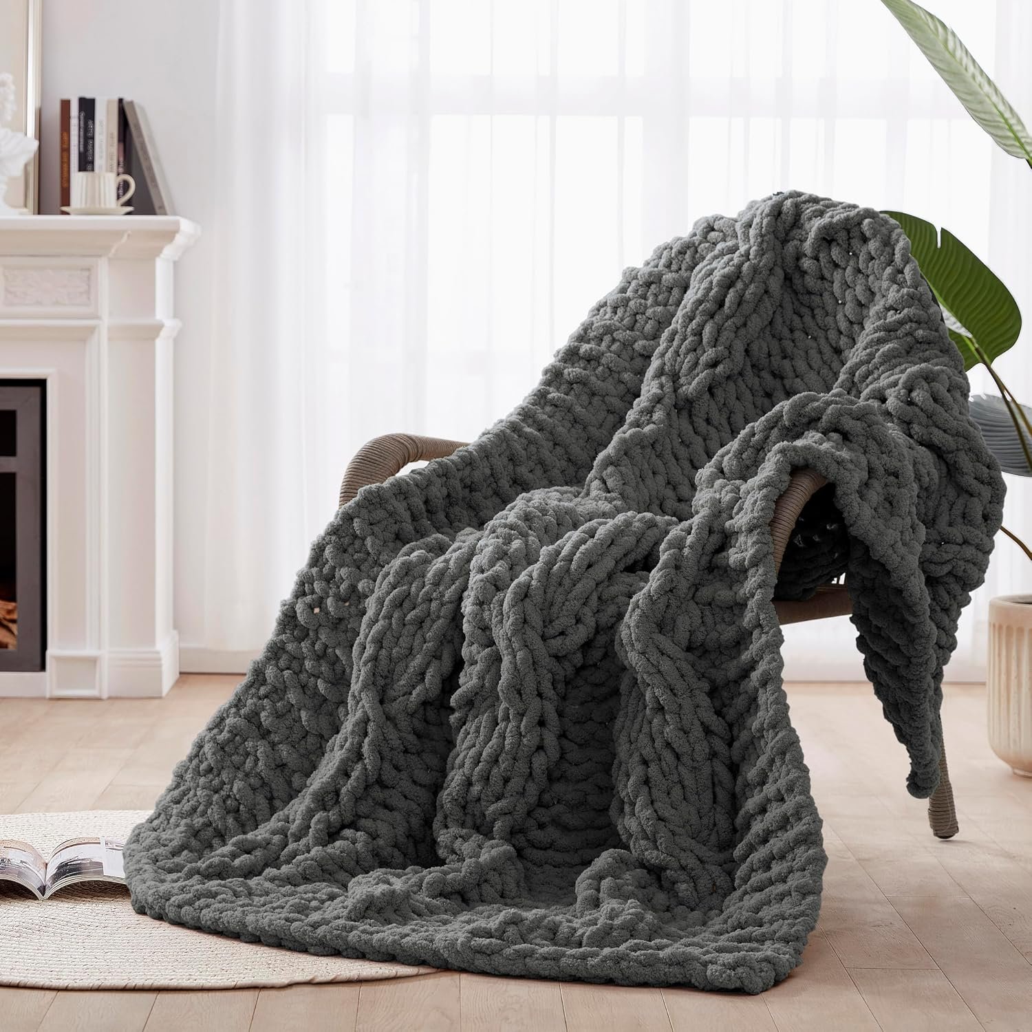 Chunky Knit Blanket Throw – 100% Hand Knitted Chunky Throw Blanket for Couch, Thick and Warm Blanket for Winter, Dark Grey, 50×60 Inches
