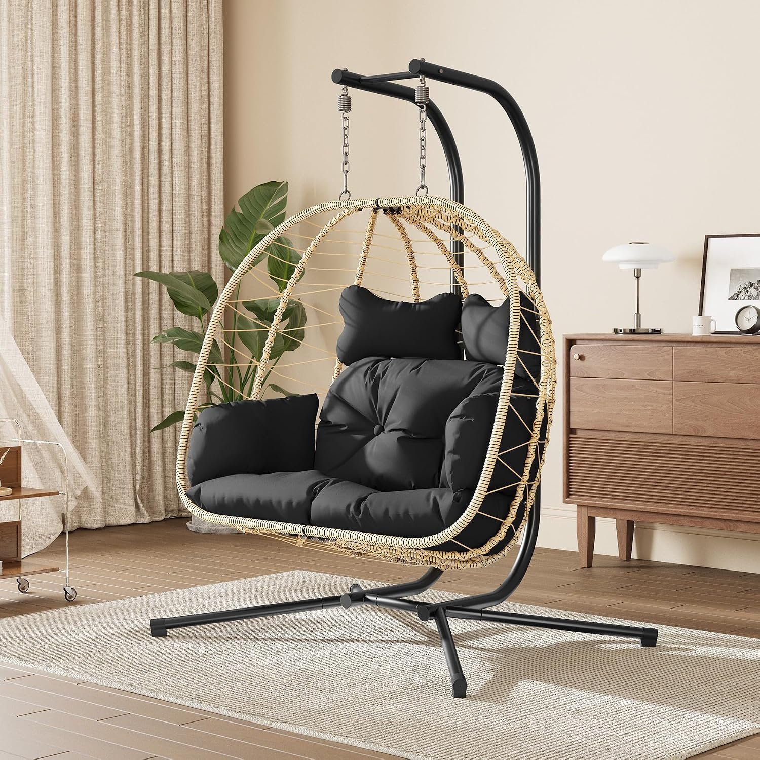 Bifanuo Double Hanging Egg Chair with Stand, Outdoor Indoor Swing Chair with Removable Cushion for 2 Person, Heavy Duty 700LBS Capacity for Patio, Bedroom, Garden (Classic Yellow-Black)