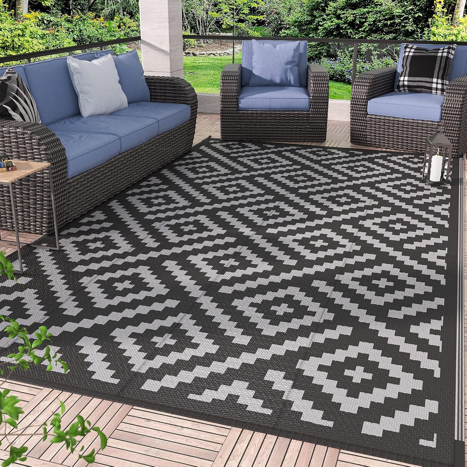 GENIMO Outdoor Rug, Waterproof Plastic Rugs for Patio, 6’x9′ Black Grey