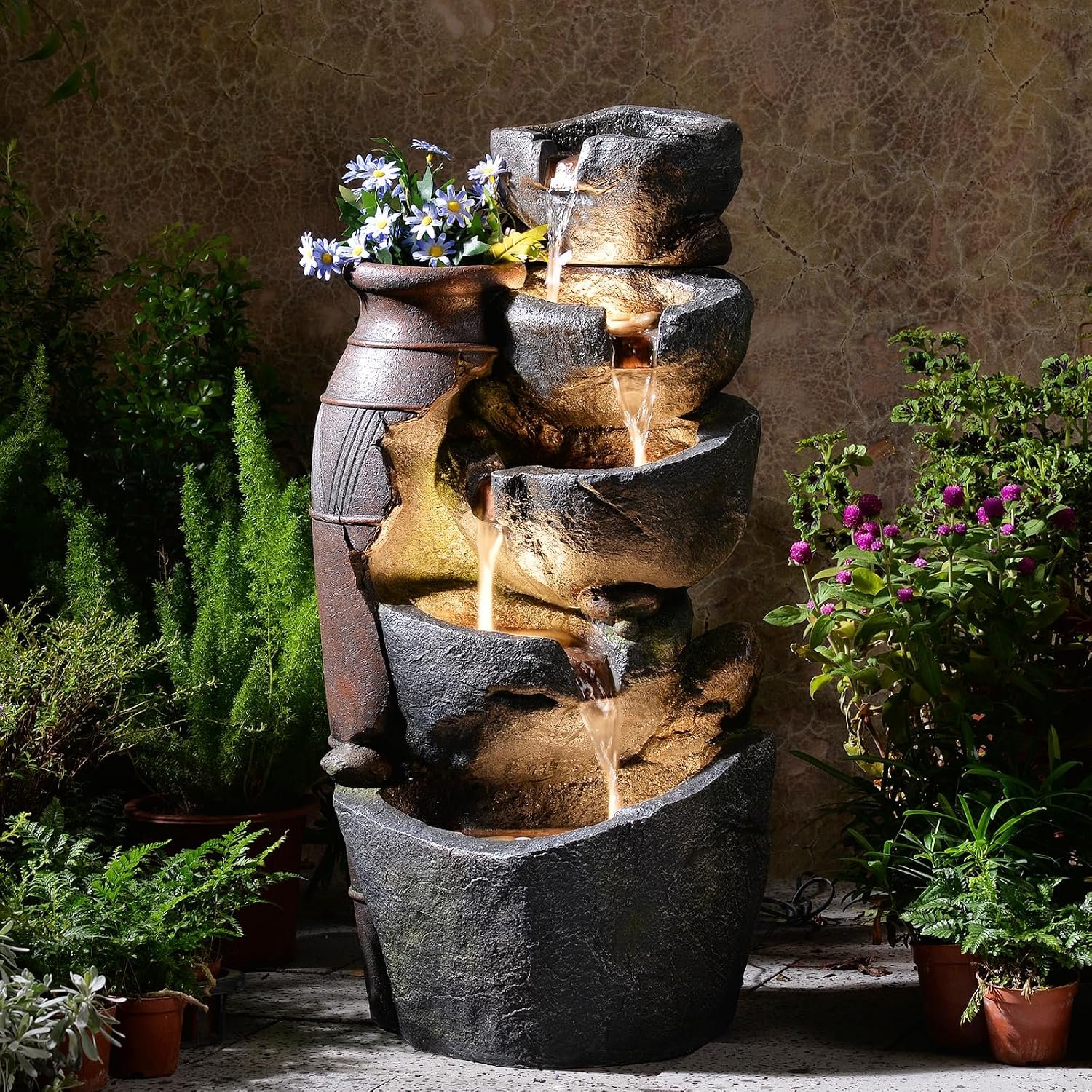 31.7″ H Rock Jar Water Fountain Outdoor, 5-Tiers Cascading Outside Fountains and Waterfalls with 4 LED Lights for Patio, Deck, Porch, Backyard and Home Art Docor