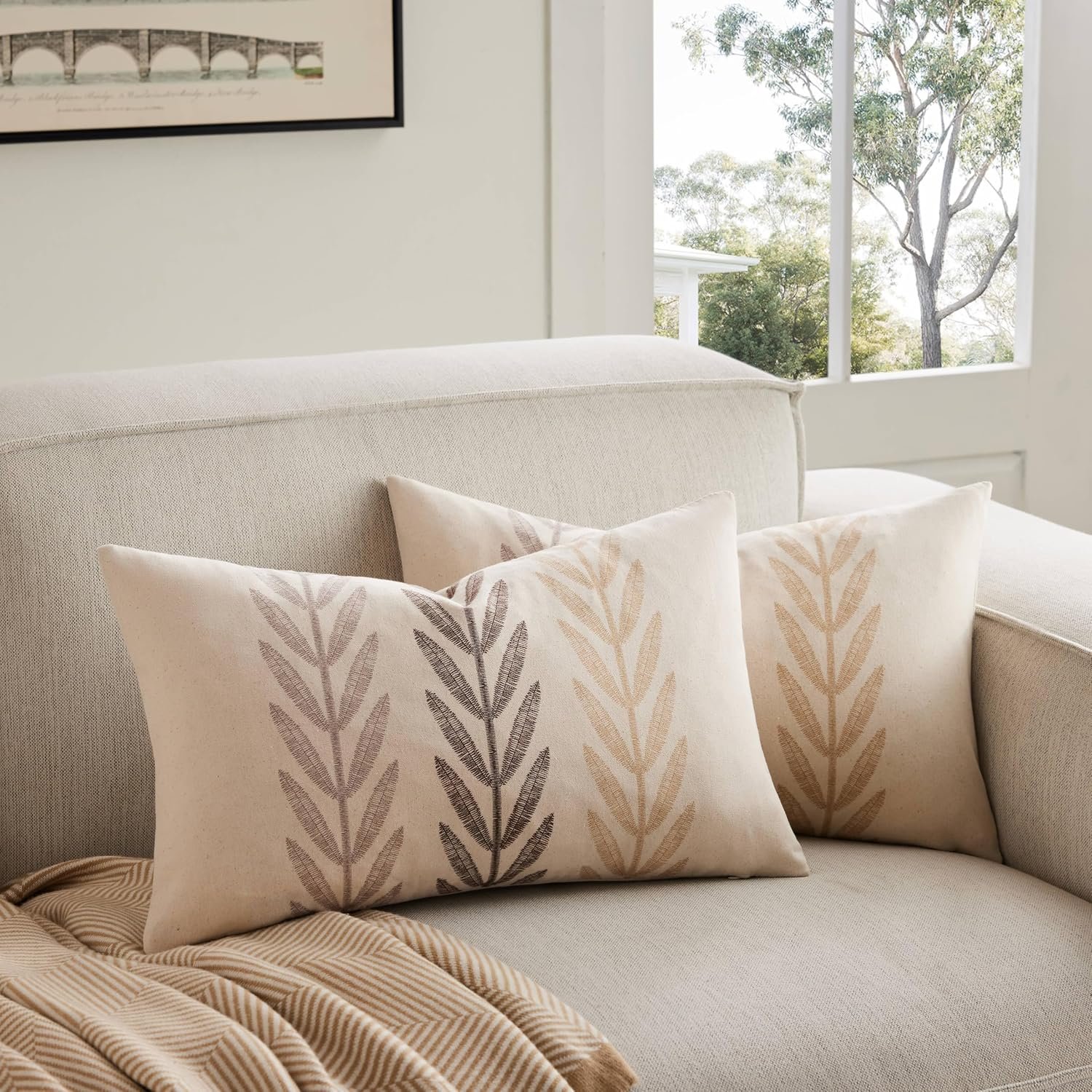 Farmhouse Leaves Lumbar Pillow Covers Set of 2, 12x20in Mixed Beige