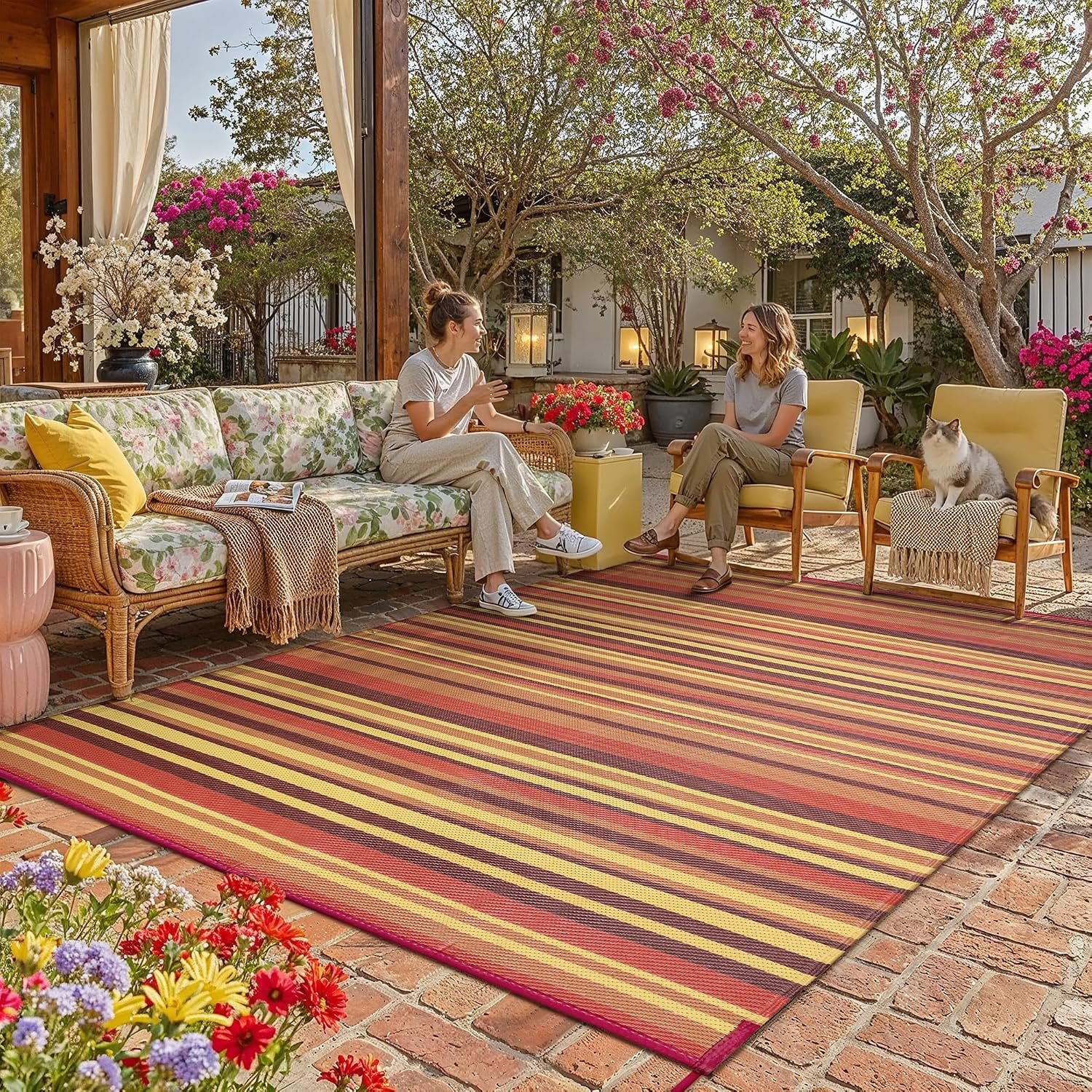 Outdoor Plastic Straw Rug Waterproof Patio 8×10 Red Orange Stripe Mat for Porch Camping RV Balcony Deck Courtyard Reversible Lightweight Durable Portable Carpet