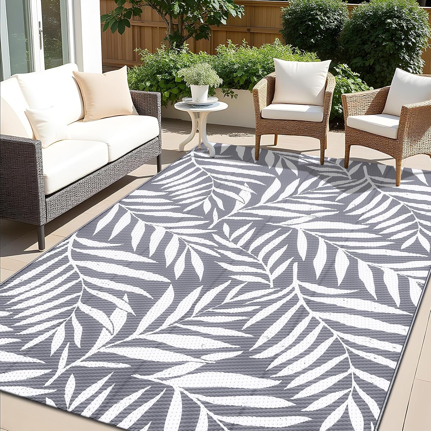 OLANLY Outdoor Rug 5×8 ft Waterproof Reversible Leaf Mat, Grey & White