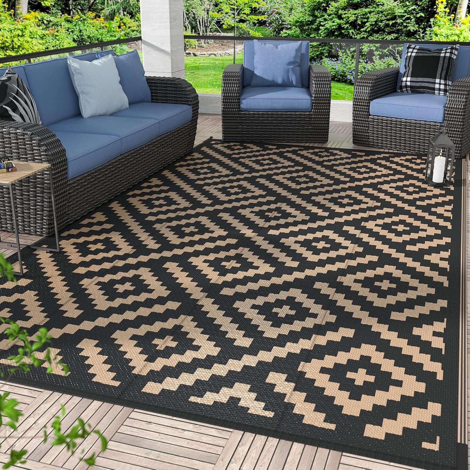 GENIMO Outdoor Rug, Waterproof Plastic Rugs for Patio, 5’x8′ Black Brown