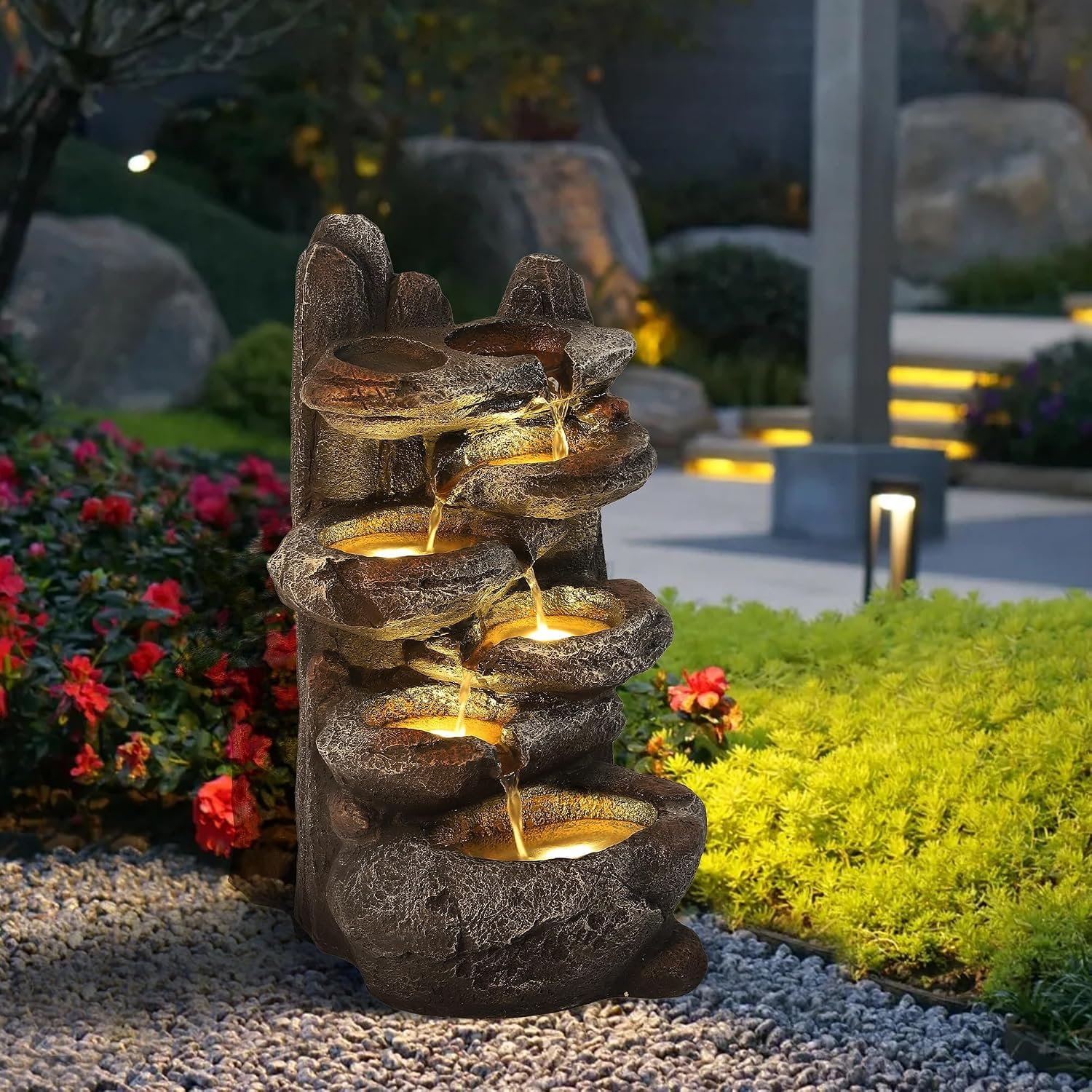 TITIMO 6-Tier Cascading Rock Fountain Outdoor Garden Waterfall w/Lights