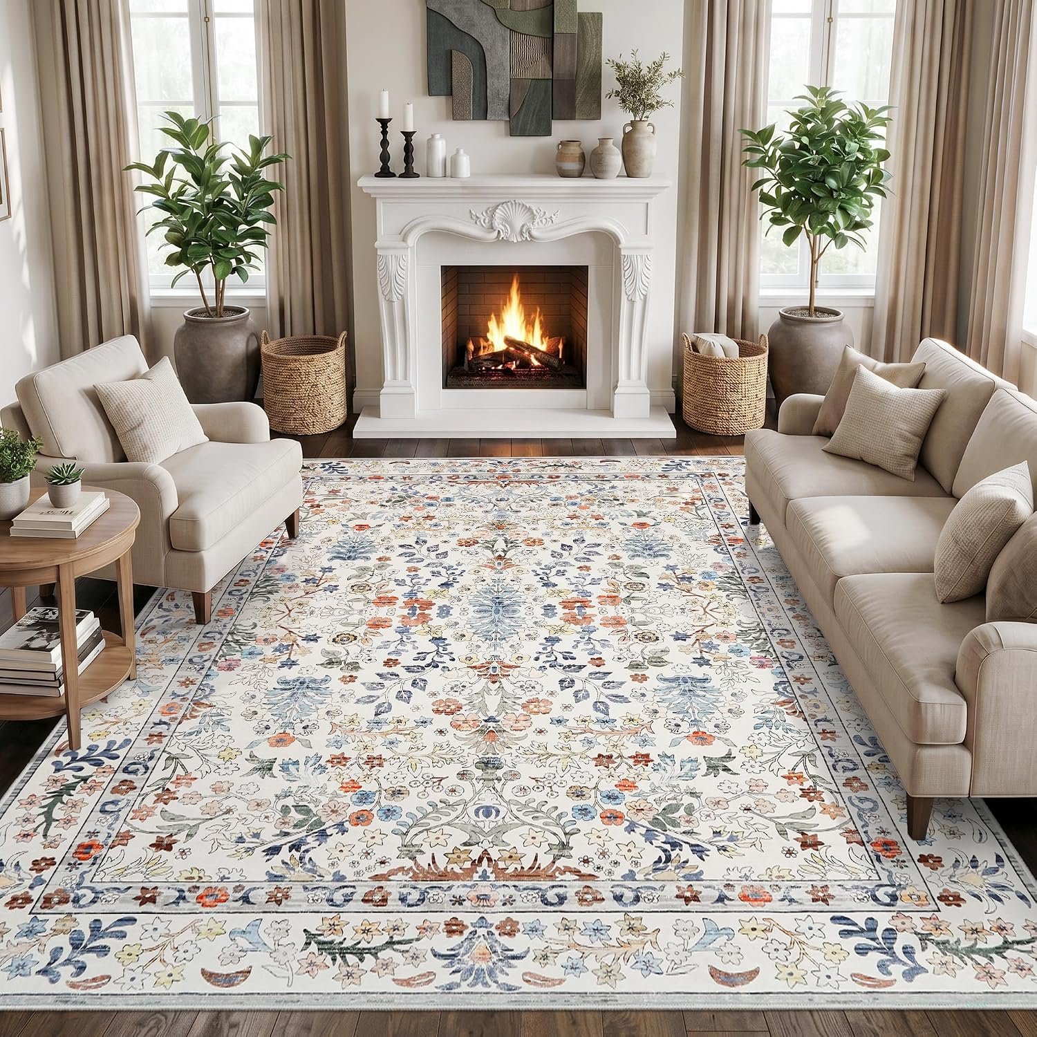 Area Rugs 8×10 Washable Non-Slip: Floral Vintage Rug for Living Room Beige