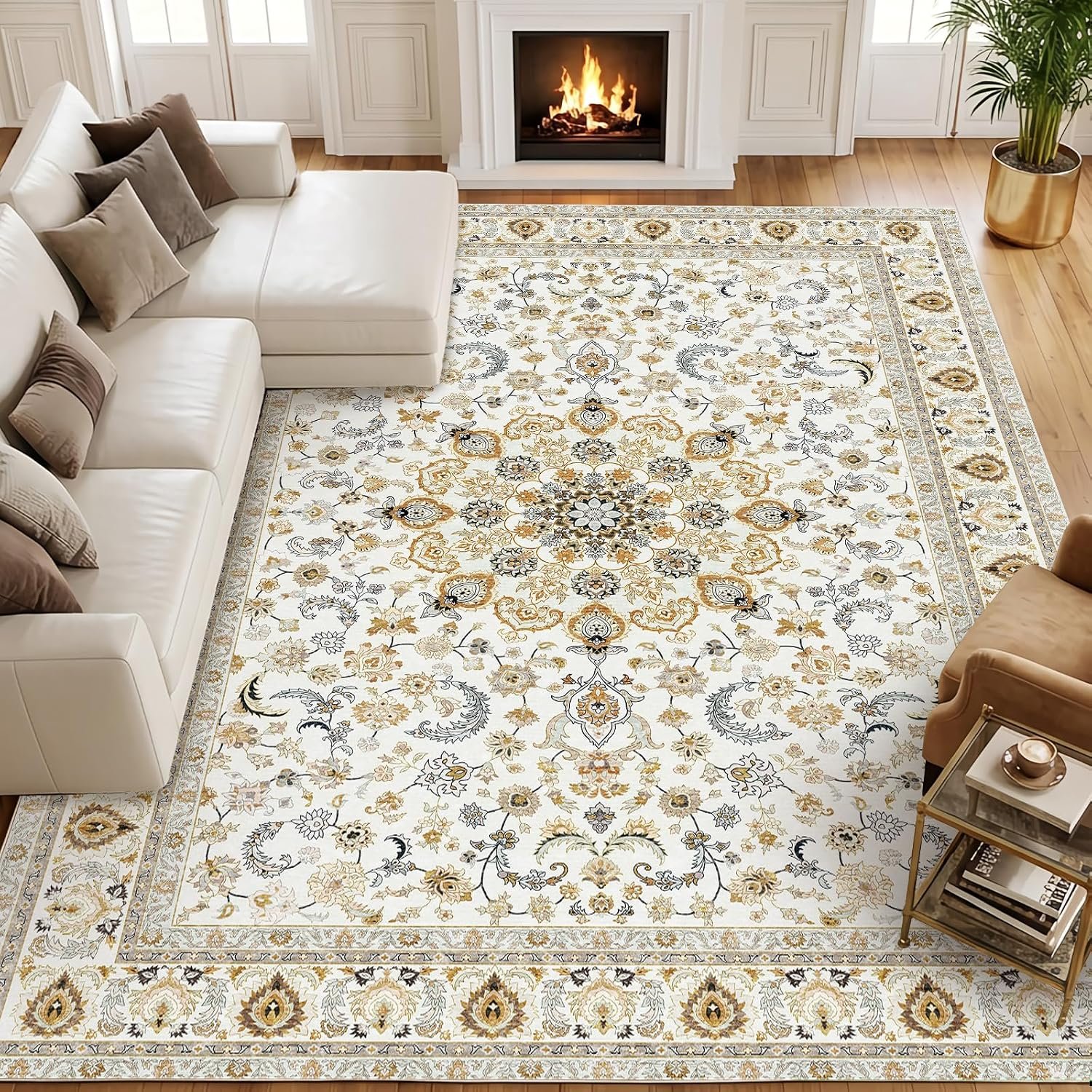 Fixwal Washable 8×10 Area Rug for Living Room, Non-Slip, Beige