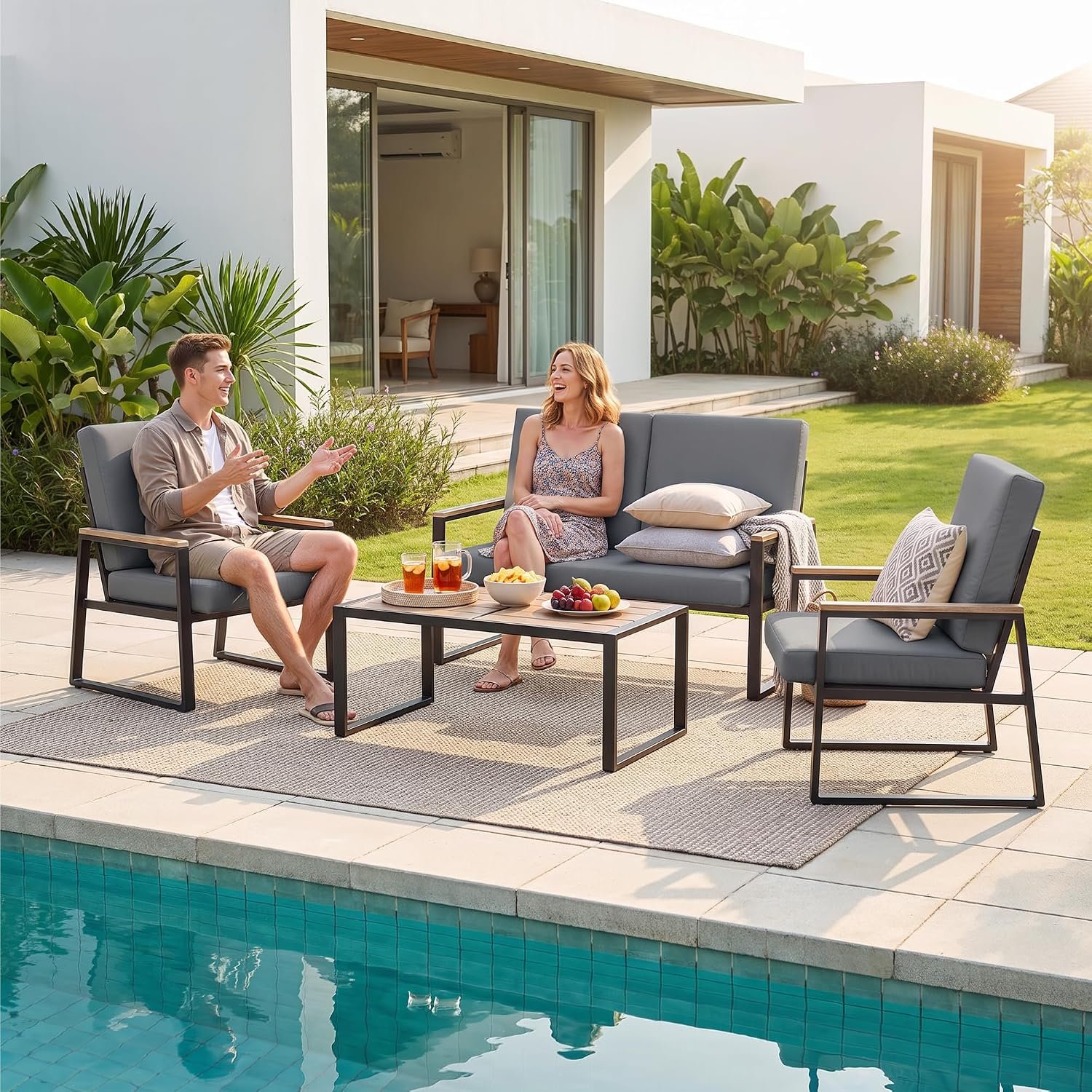 Gizoon 4-Piece Patio Furniture Set, Metal Outdoor Conversation Set