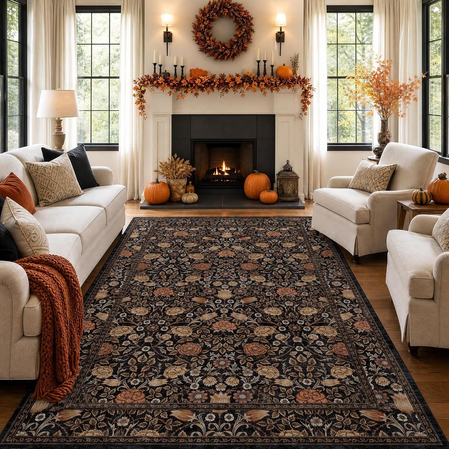 GarveeHome Dark Brown Floral 8×10 Area Rugs for Living Room Bedroom