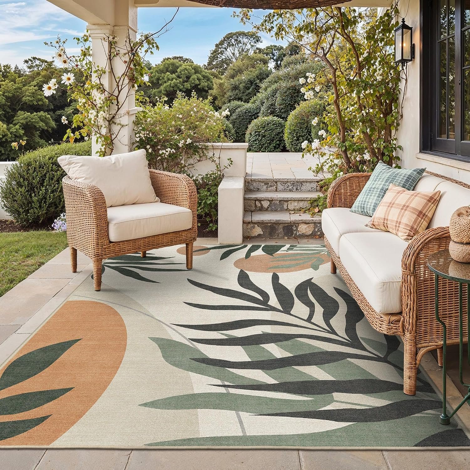 GENIMO 5×8 Outdoor Rug, Washable for Patio and Deck, Beige Olive