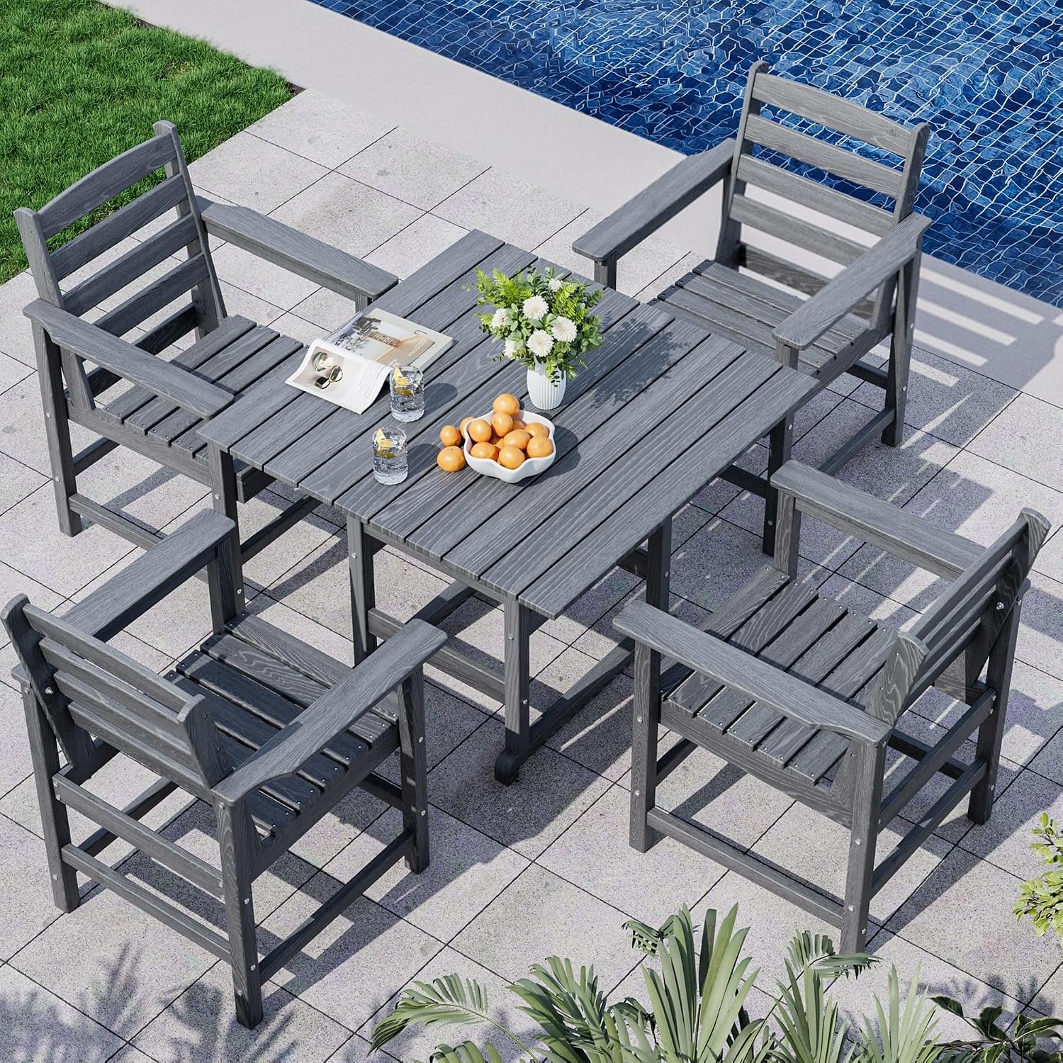 Dining Table Set, 5-Piece HDPE Outdoor, Gray