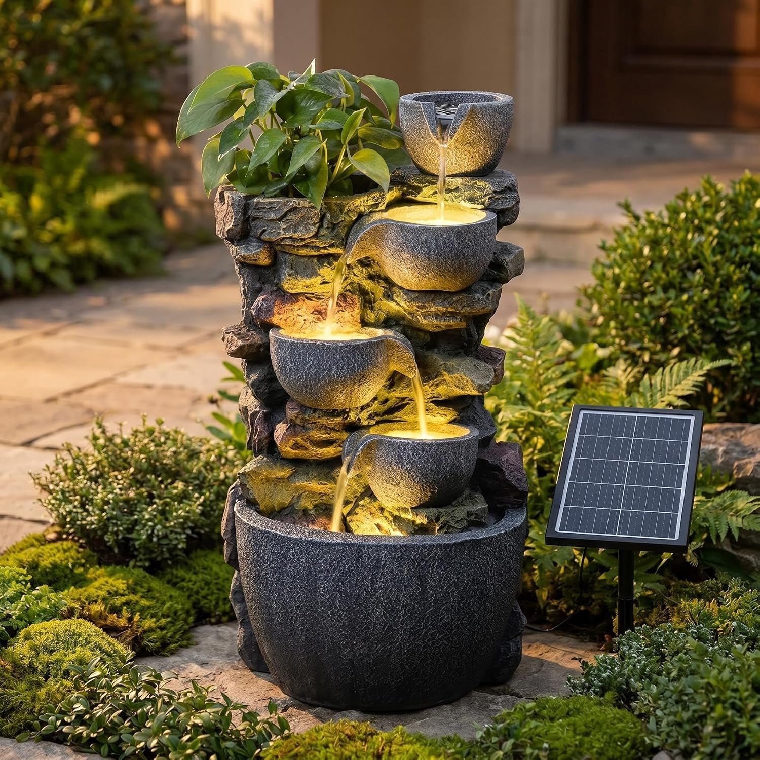 24” Outdoor Solar Powered Water Fountain with Planter Pot and LED Lights, 4-Tier Cascading Rock Waterfall, Relaxing Water Feature for Garden Patio, Home Decor