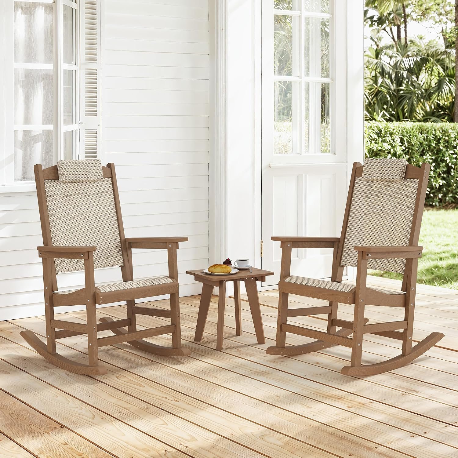 3-Piece Outdoor Rocking Chair Set, HDPE Patio Rocking Chair with Removable Headrest, Breathable Textilene & Table, All-Weather Resistant Poly Porch Rockers Set for Porch, Garden, Walnut Brown