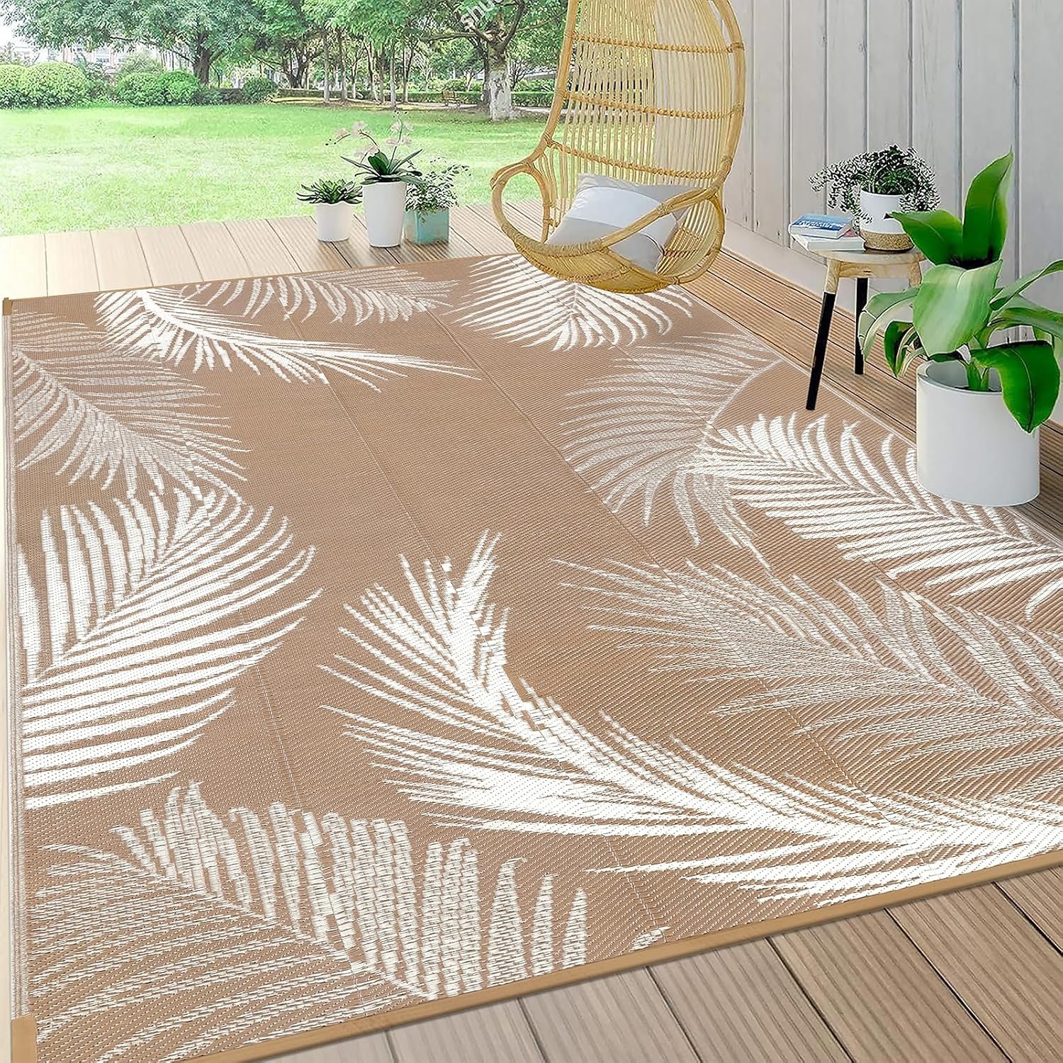 Pauwer Waterproof Outdoor Rug 5×8, Plastic Straw Patio Mat, Leaf Brown