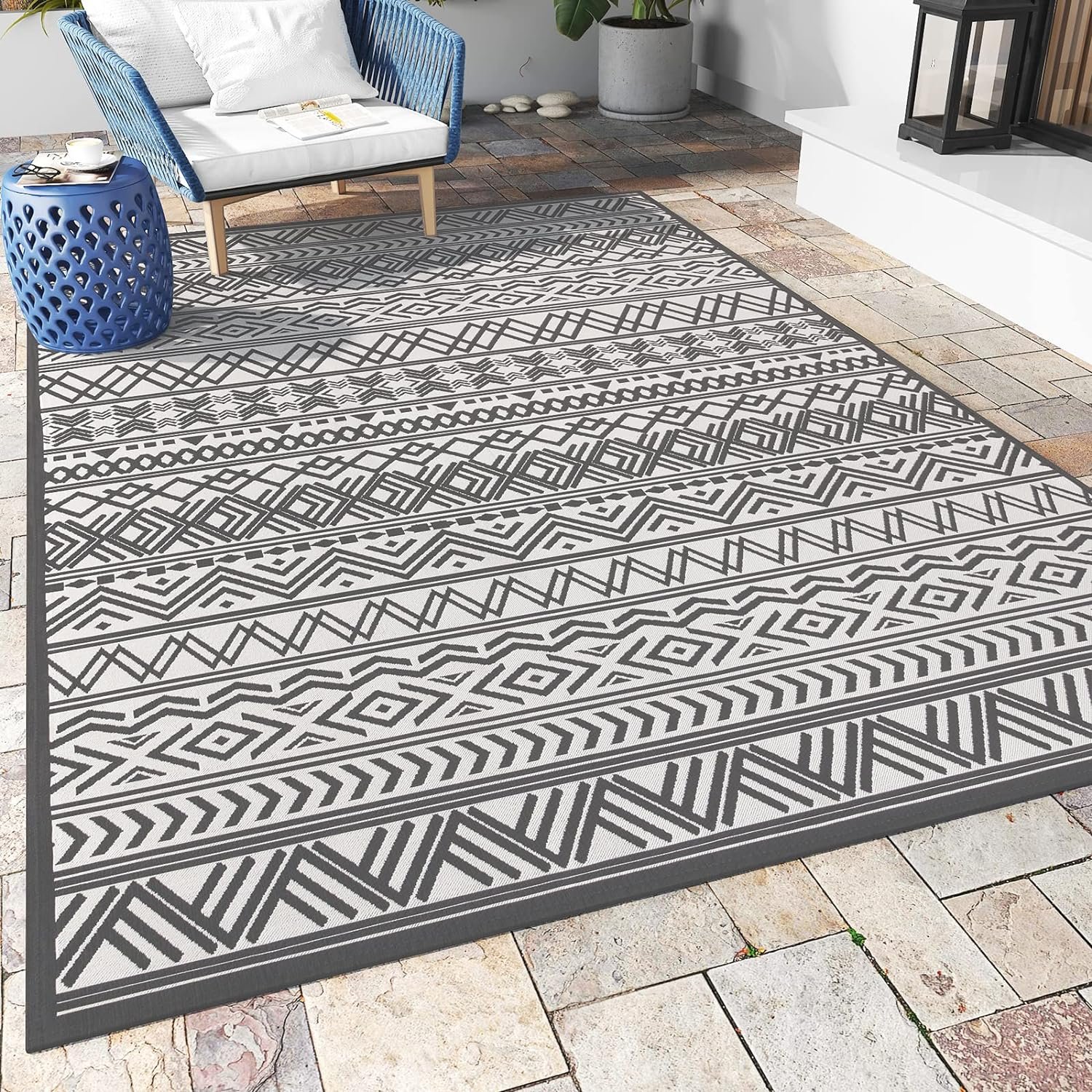 Outdoor Rug Carpet 5×8 ft, Flatweave Textured Outdoor Patio Rug Non Slip Indoor Outdoor Rugs with Rubber Particles Backing Boho Outdoor Area Rug for Patio Deck Front Porch Backyard Balcony
