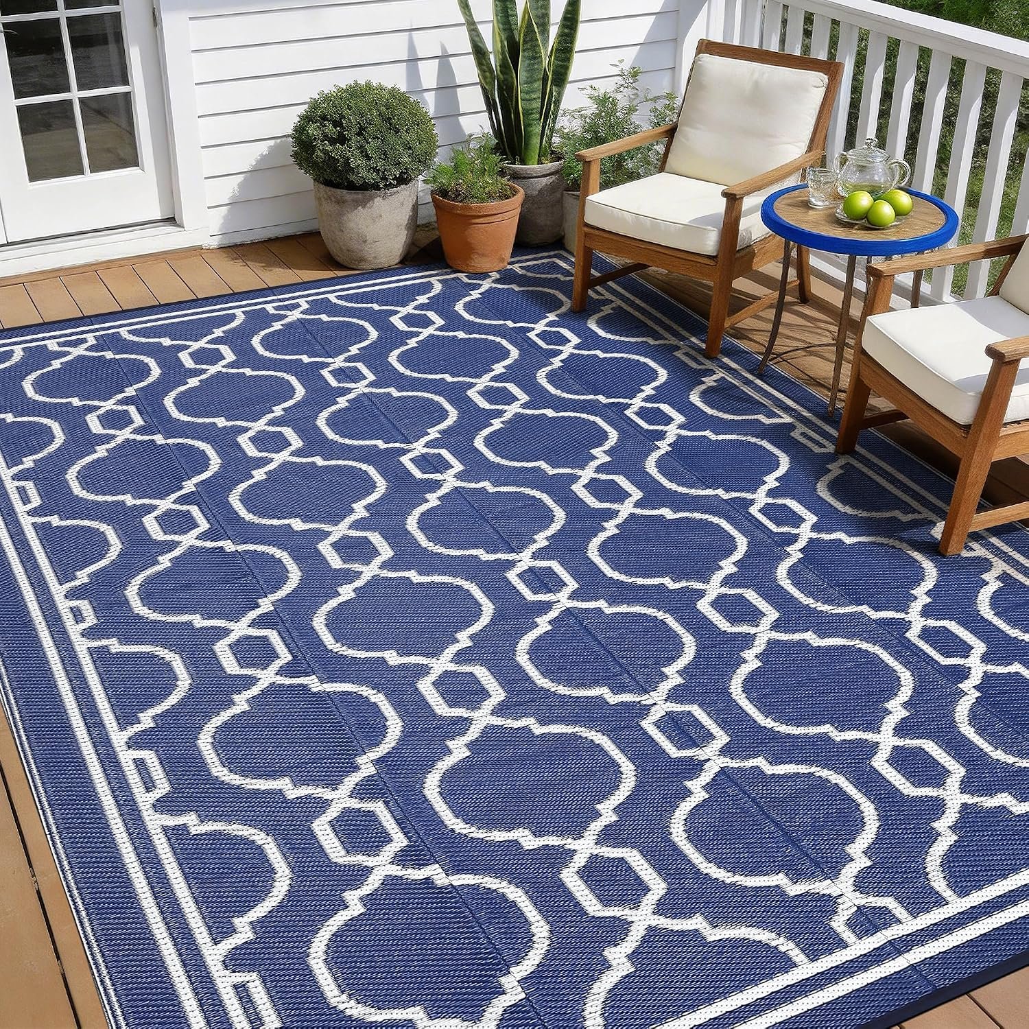 Garvee 9 x 12 Outdoor Rug Waterproof for Patio, Foldable Reversible Plastic Straw Area Rug, Large Mats for Camping, RV, Balcony, Deck, Picnic, Beach, Blue & White
