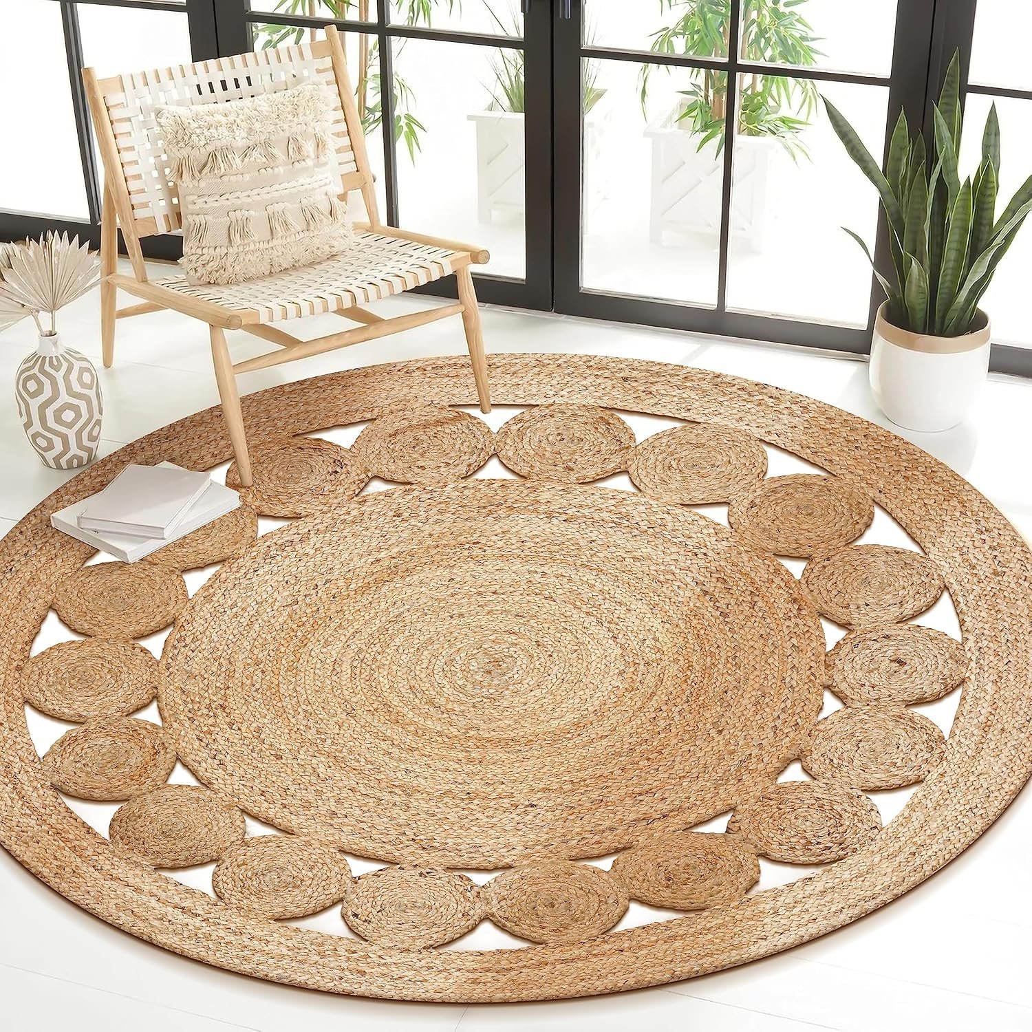 Large Natural Jute Round Area Rug, Handwoven Braided Boho Farmhouse Living Room Rug, Eco Friendly Natural Fiber Floor Rug – Natural, 8 Feet Round