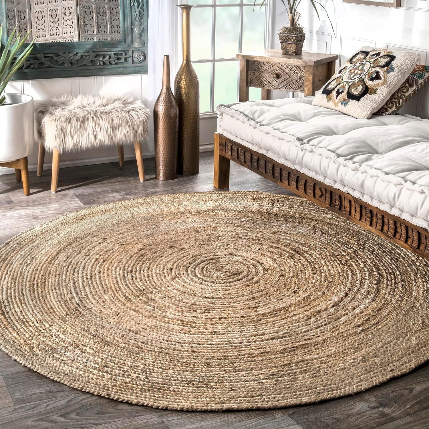 nuLOOM Rigo Natural Solid Flatweave Area Rug, 3′ Round