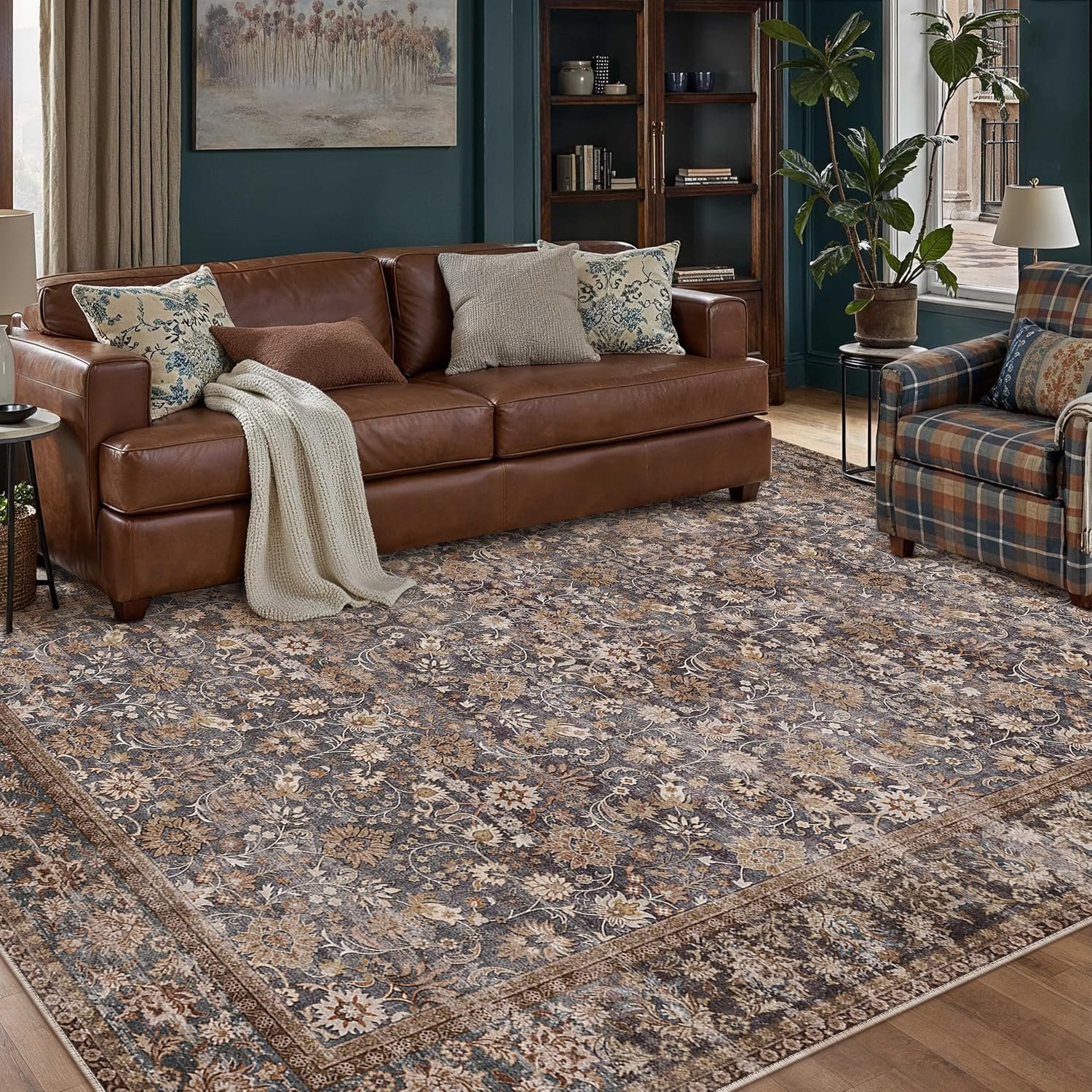 HUGEAR 8×10 Brown Blue Vintage Floral Washable Area Rug for Living Room