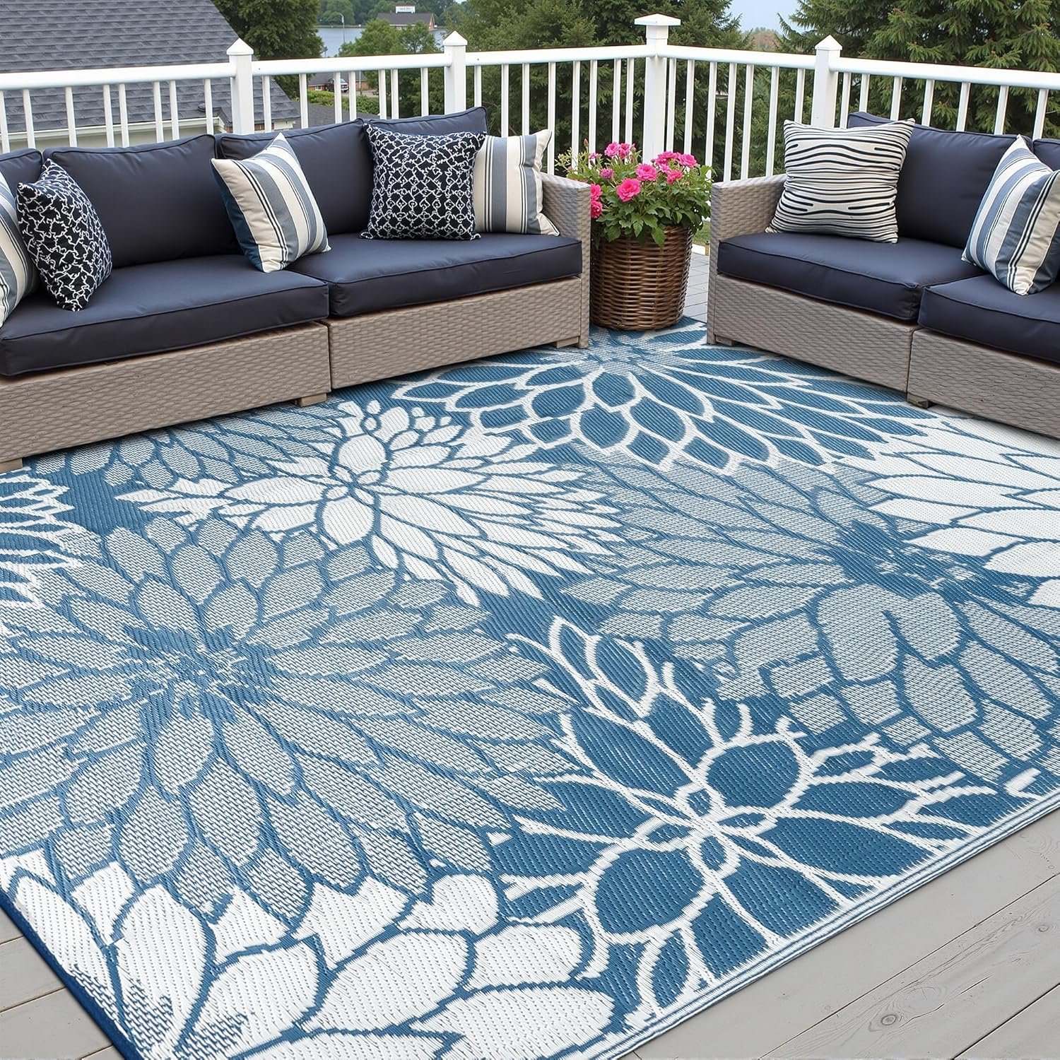 HUGEAR 5×8 Blue Floral Reversible Indoor Outdoor Rug for Patio