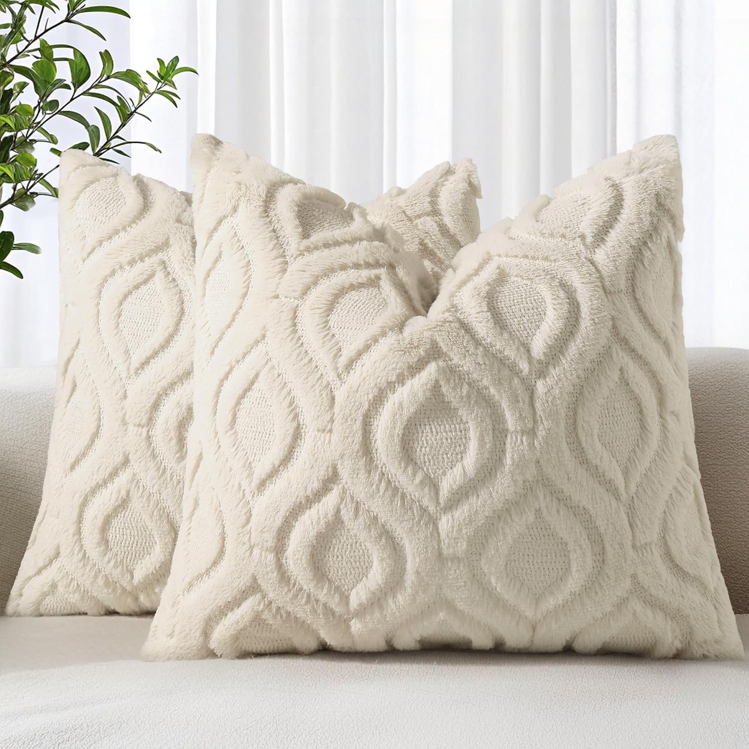 decorUhome Faux Fur Plush Soft Beige Throw Pillow Covers 18×18 Set of 2
